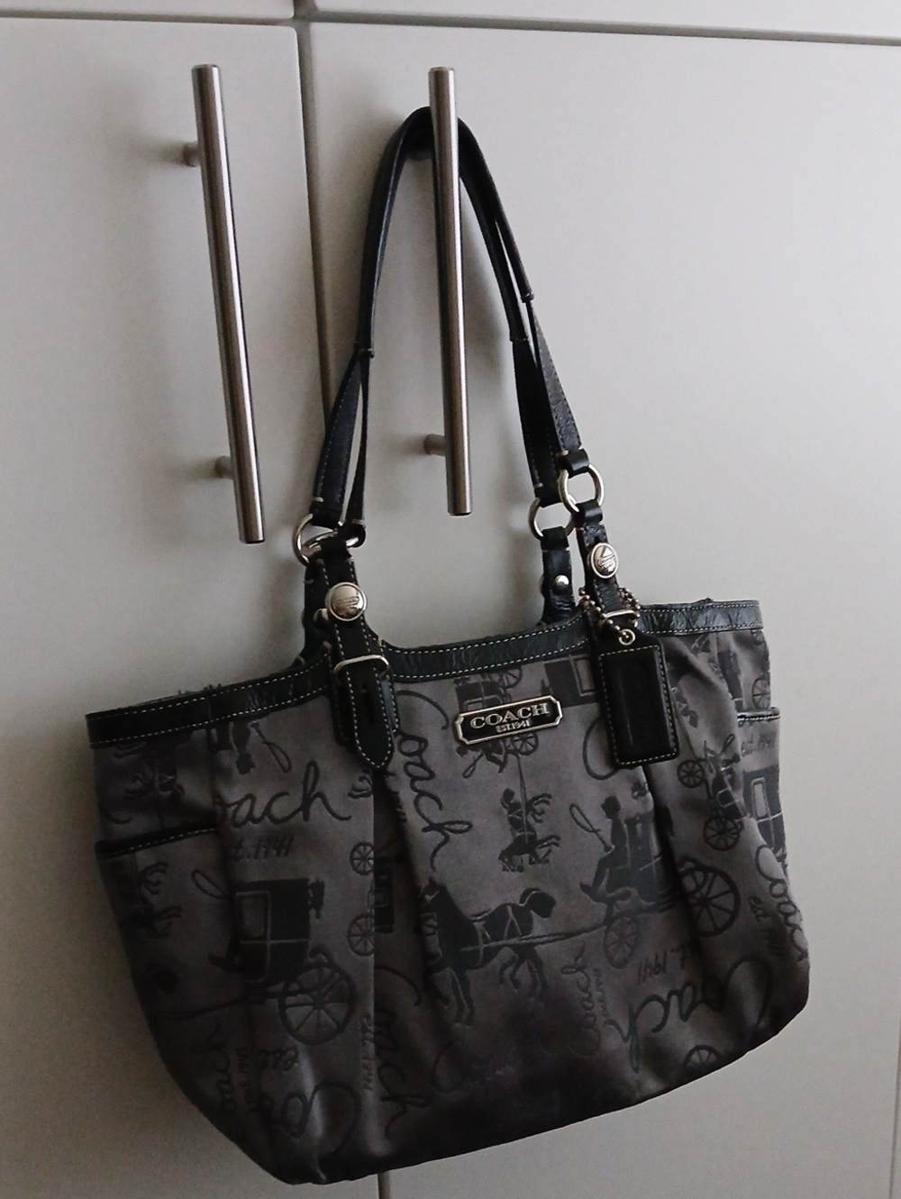 Coach Gray Signature Print Tote with Black Handles